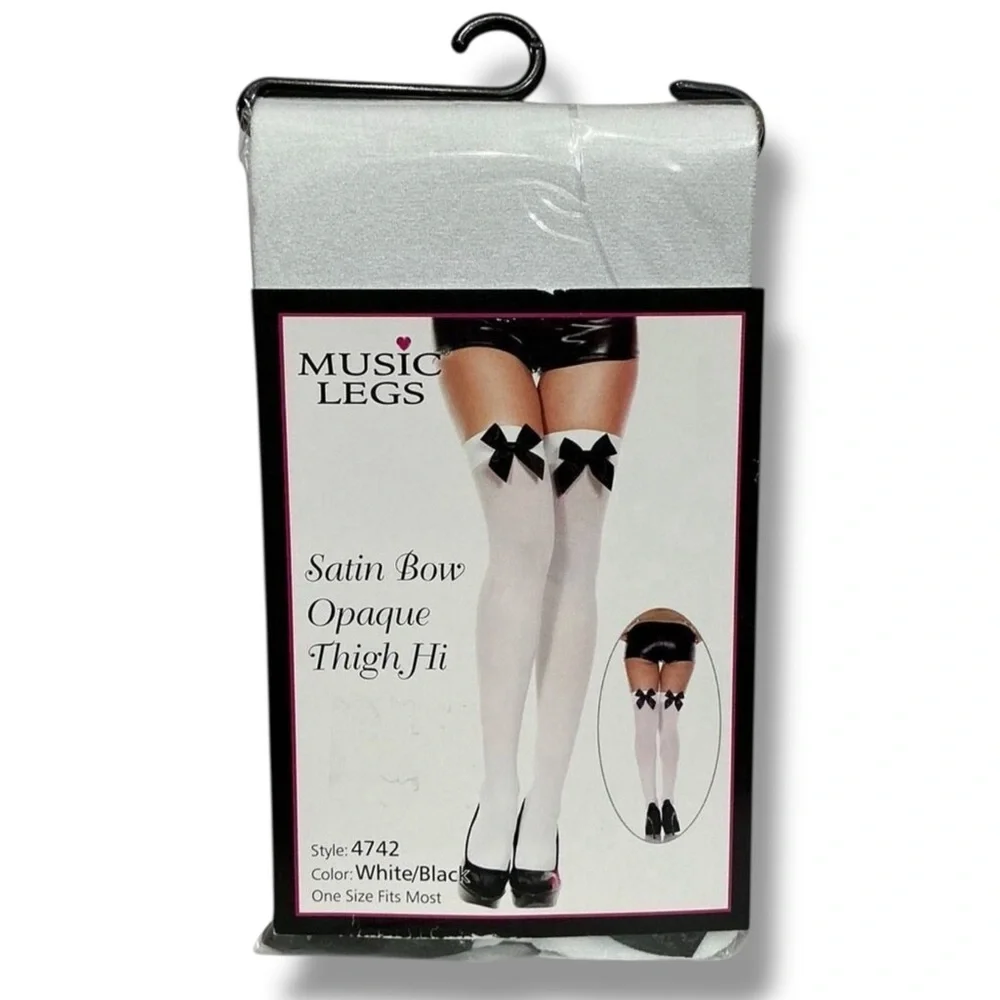 Music Legs White with Black Satin Bow Opaque Thigh Hi Pantyhose Tights